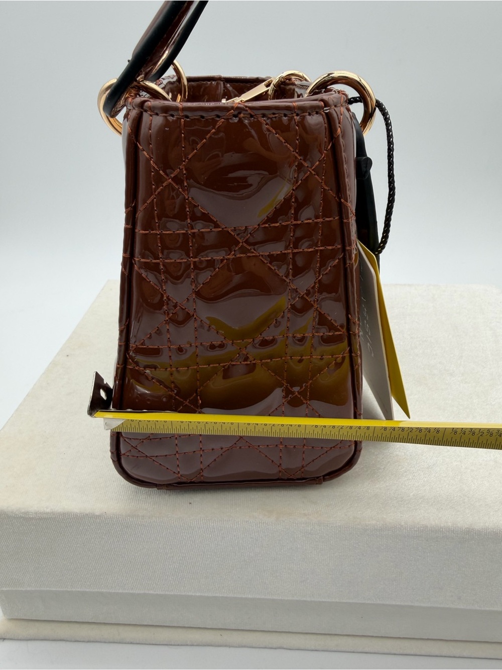 Beautiful, Brown Patent leather mini Bag with Gold Charm - Picture 15 of 15
